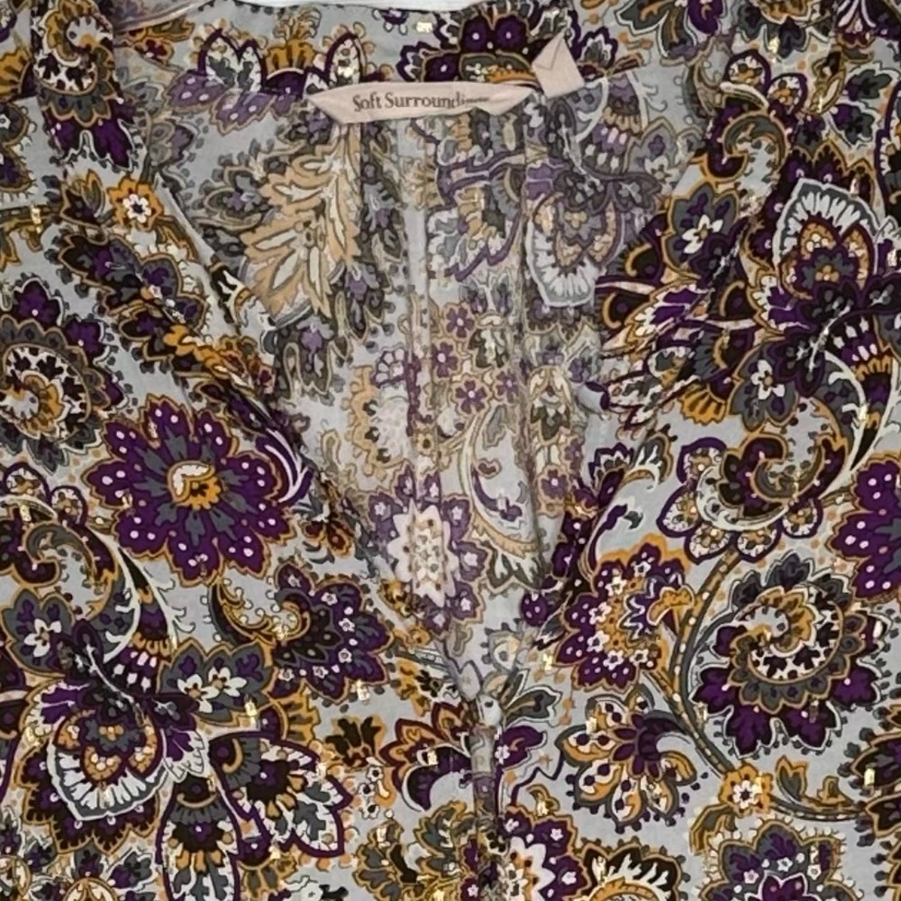 Soft Surroundings Blouse‎ Purple Paisley Floral Gold Metallic Floral Boho Sz XL - Picture 5 of 11